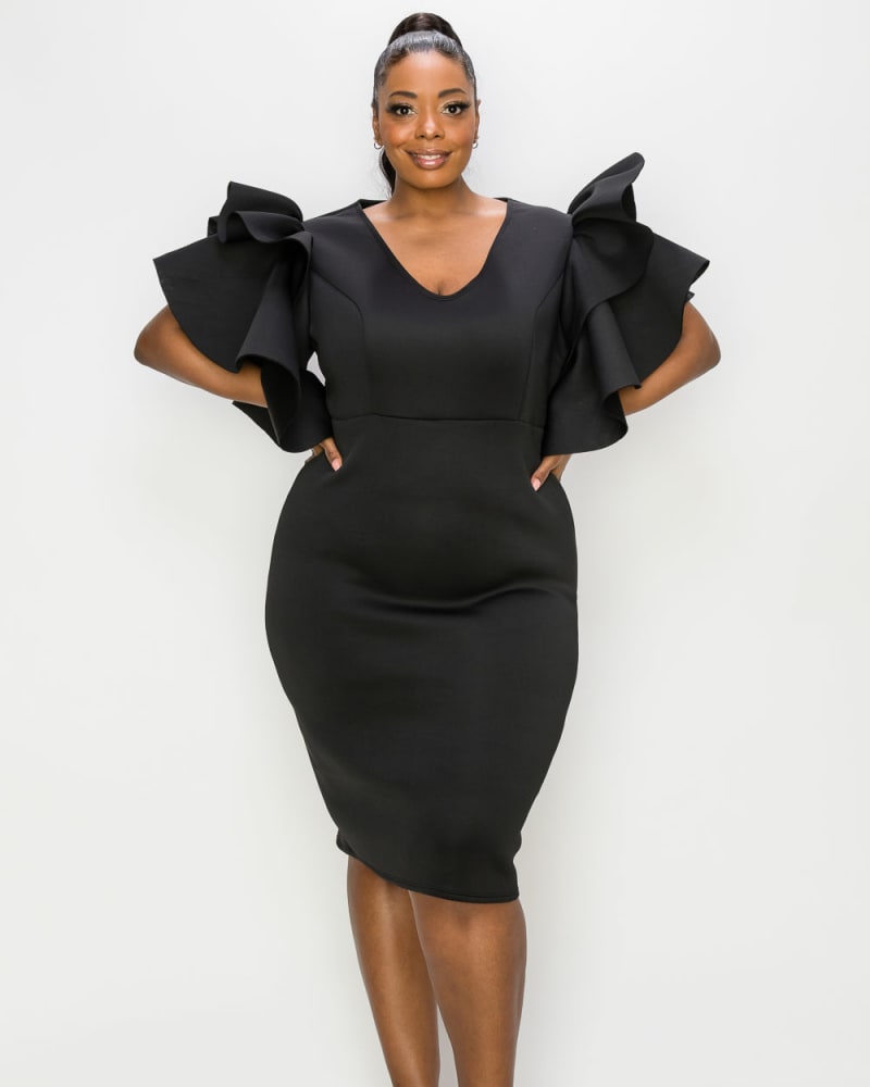 Front of a model wearing a size 1X Aaliyah Statement Dress in Black by L I V D. | dia_product_style_image_id:240426